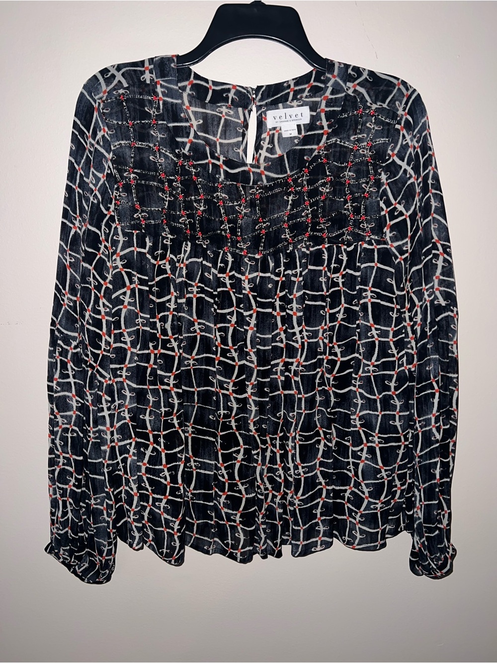 Velvet by Graham & Spencer Black Grid-Print Long Sleeve Blouse with Red Accents